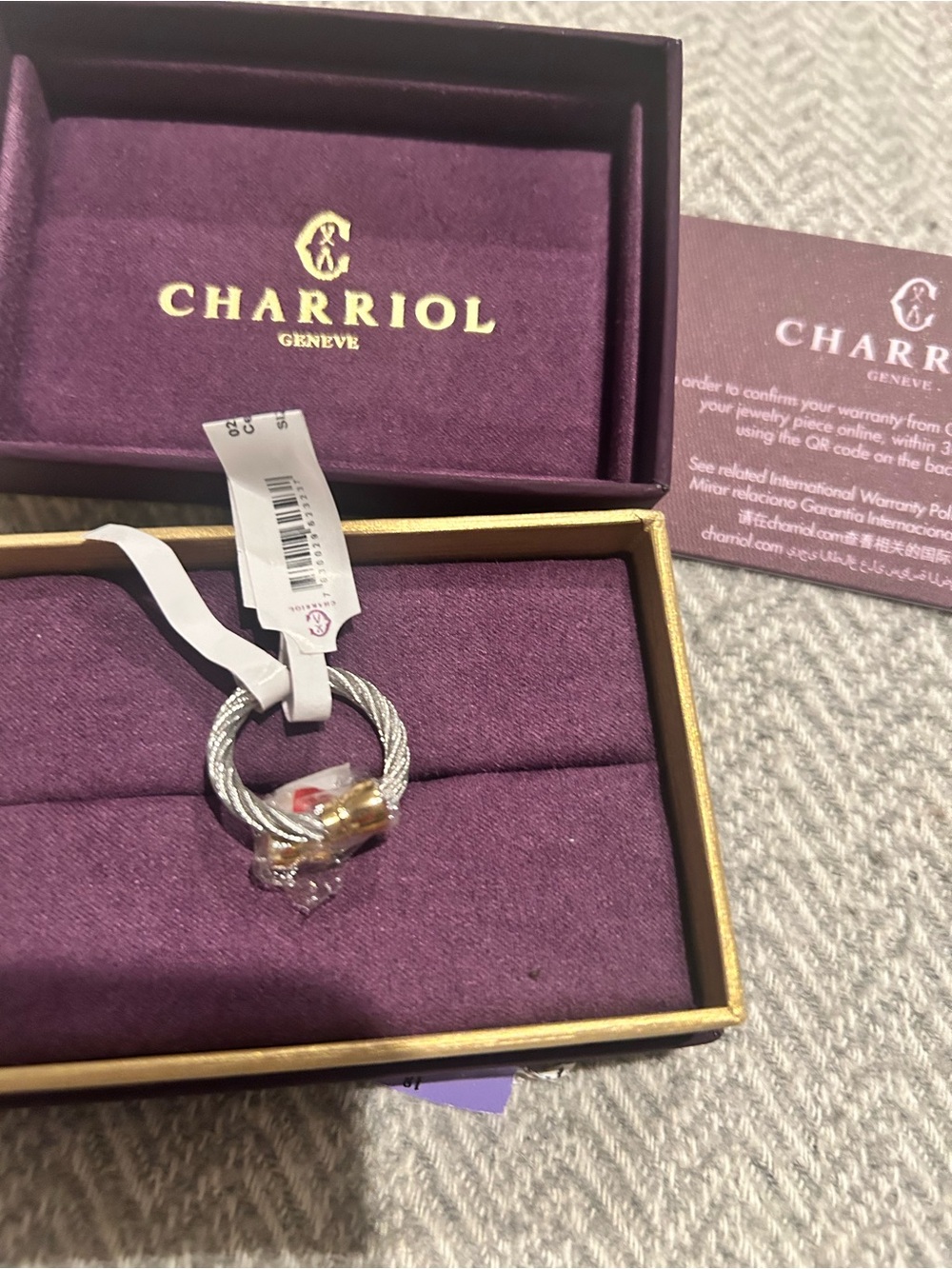 Charriol Two-Tone Cable Ring with Clear Stone - Silver & Gold